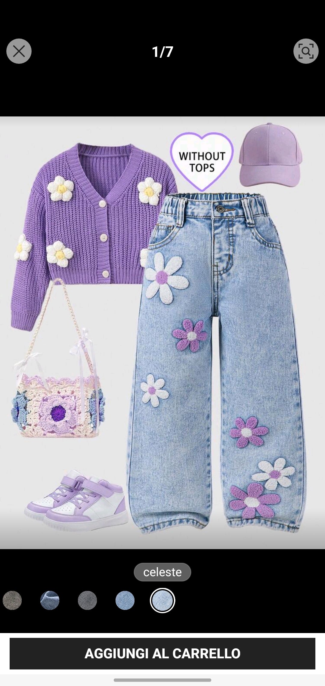Jeans a gamba ampia da ragazza con fiori di neve lavati e ricamo floreale