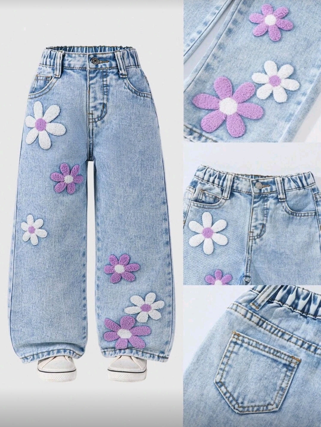 Jeans a gamba ampia da ragazza con fiori di neve lavati e ricamo floreale