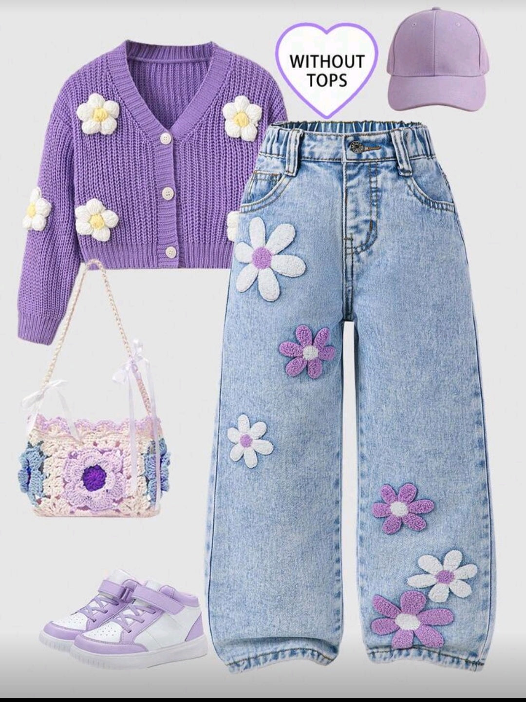 Jeans a gamba ampia da ragazza con fiori di neve lavati e ricamo floreale